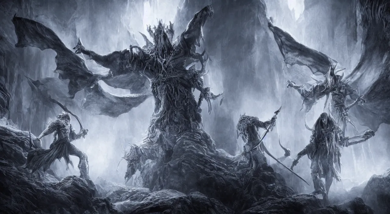Image similar to god fighting the devil, dark, fiery, mines of moria, lord of the rings aesthetic, in style of alan lee, cinematic, cinematic lighting, octane render, motion blur, highly detailed
