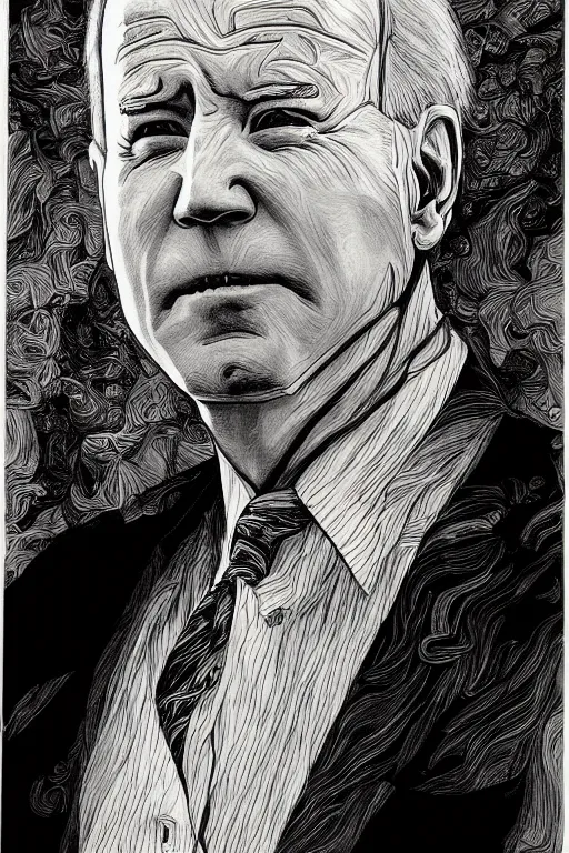Image similar to Portrait of Joe Biden, pen and ink, intricate line drawings, by Yoshitaka Amano, Ruan Jia, Kentaro Miura, Artgerm