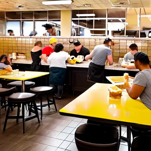 Image similar to busy wafflehouse interior with customers eating breakfast and wafflehouse employees serving food and cooking behind countertop