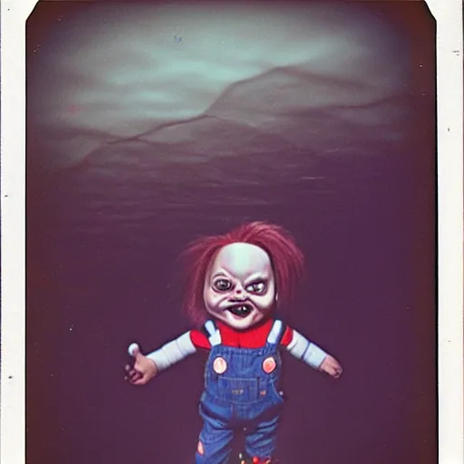 Image similar to screaming chucky doll at bottom of dark ocean expired film polaroid