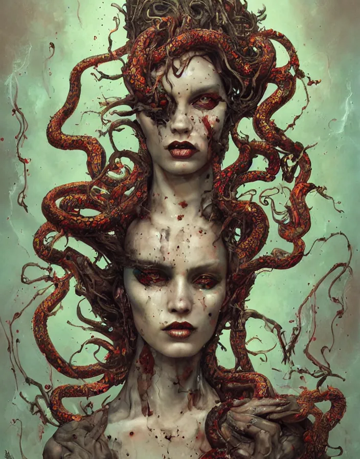 Prompt: a splatterpunk portrait of a gorgon woman with flaming snakes for hair, hyperrealistic, award-winning, in the style of Tom Bagshaw, Cedric Peyravernay, Peter Mohrbacher