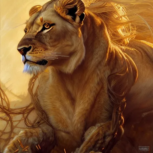 Image similar to highly detailed portrait of a majestic lioness queen in the form of a beautiful woman. d & d. art by donato giancola, eugene delacroix, ruan jia, rebecca guay. trending on artstation, intricate details, energetic composition, golden ratio, concept art, illustration, elegant art, global illuminaition