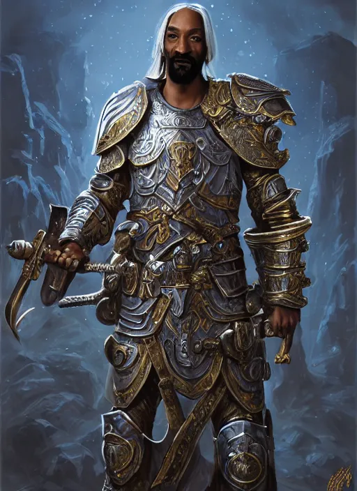 Image similar to snoop dogg as a paladin, short beard, grumpy, intricate plate armor, Ivan Aivakovsky, Boris Vallejo, epic fantasy character art, D&D Concept Art, full length, Realistic, Regal, Refined, Detailed Digital Art, Oil Paining, Exquisite detail, post-processing, masterpiece, Cinematic Lighting, Unreal Engine, 8k, HD, Stanley Artgerm Lau, WLOP, Rossdraws, Frank Frazetta, Andrei Riabovitchev, Marc Simonetti, trending on artstation,