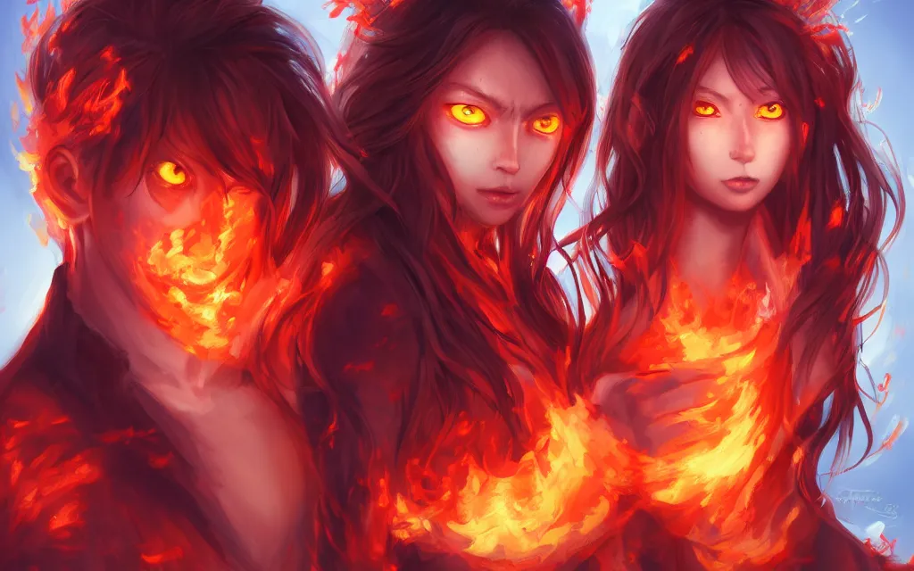 Image similar to A realistic anime portrait of a beautiful fire spirit twins with glowing red eyes and firey skin wearing clothes made of flames, digital painting, by Stanley Artgerm Lau, Sakimichan, WLOP and Rossdraws, digtial painting, trending on ArtStation, SFW version