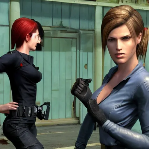 Prompt: Jill Valentine arguing with Claire Redfield about who\'s the most popular character, video game still.