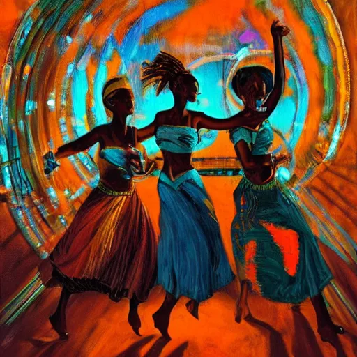 Image similar to african women dancing around a glowing energized steampunk portal at sunset, by alan kenny, oil on canvas