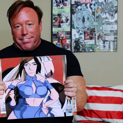 Image similar to alex jones proudly displaying his waifu body pillow in a room full of action figures