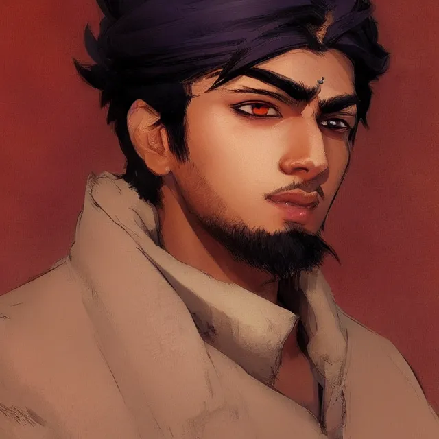 Image similar to handsome indian anime character, medium close up portrait, elegant, digital painting, artstation, concept art, smooth, sharp focus, illustration, art by konstantin korovin and daniel f. gerhartz and john howe