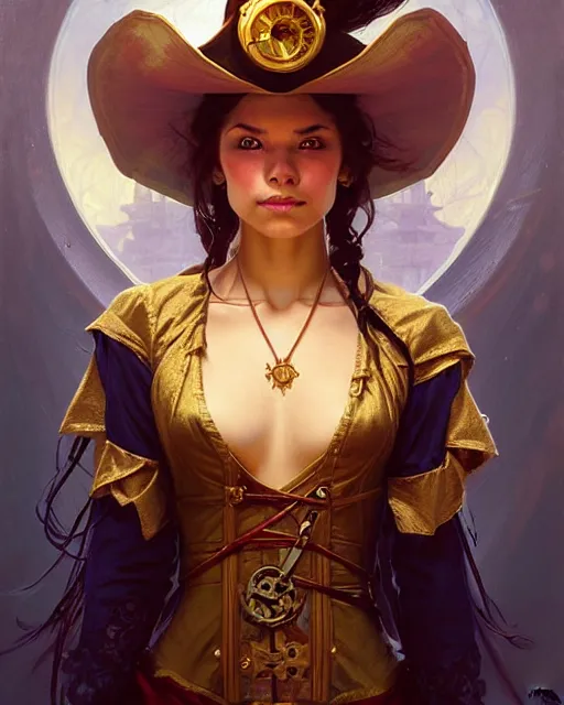Prompt: portrait of a pirate wizard young woman with magic around, beautiful symmetrical face, golden, fantasy, regal, by stanley artgerm lau, greg rutkowski, thomas kindkade, alphonse mucha, loish, norman rockwell.