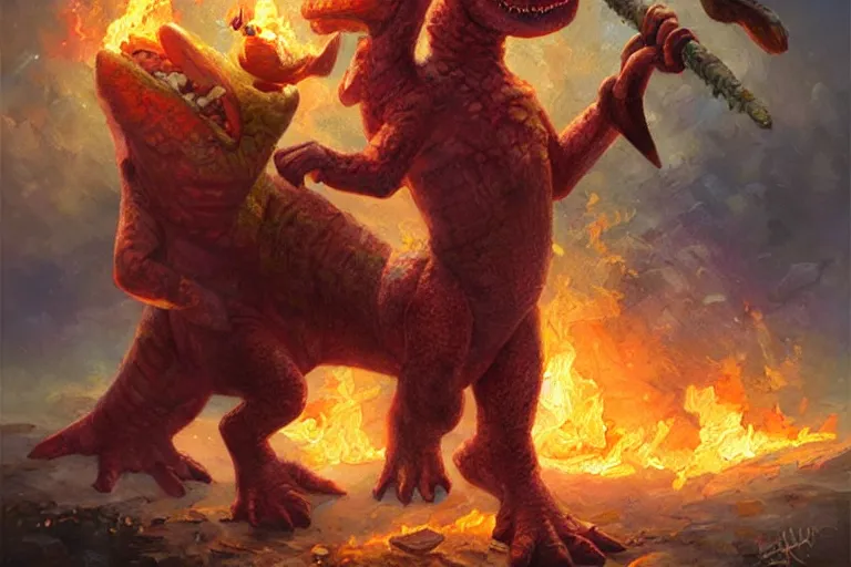 Prompt: barney the dinosaur holding a fire axe, an oil painting by ross tran and thomas kincade