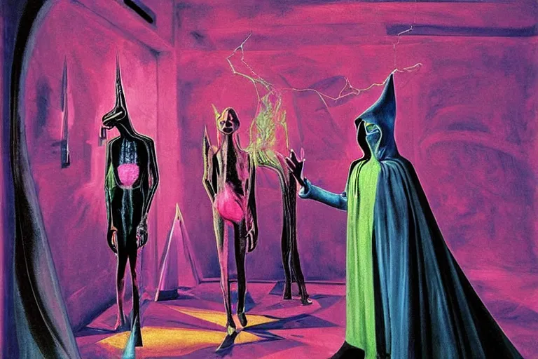 Image similar to a masterpiece painting in the laboratory of a technomancer wizard, in dazzle camouflaged robes, pointed hoods, he discusses sentience with his al djinn by remedios varo and anato finnstark and greg rutkowski and andy warhol and francis picabia. dayglo pink blue, prismatic, pearlescent, raven black, glowing, hyperrealism, trending on artstation