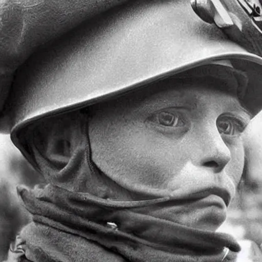 Prompt: Close up of a cat wearing soldier helmet in the battle, ww2 historical photography, black & white, photorealistic, high detailed