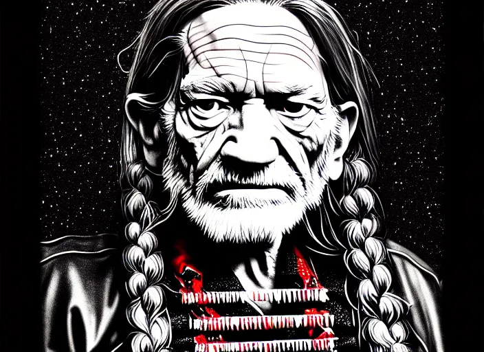 Prompt: an extremely detailed masterpiece grunge drawing of willie nelson, in the style of richard avedon, after life, loony toons style, horror themed, detailed, elegant, intricate, trending on artstation, 4 k