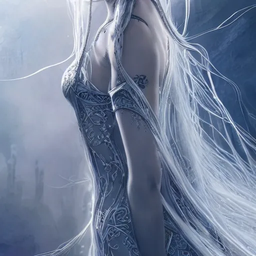 Prompt: an elven woman with long, silver hair cascading down her back. she has delicate, angular features and piercing blue eyes. she's clad in a flowing white dress with intricate silver embroidery, dynamic lighting, photorealistic fantasy concept art, trending on art station, stunning visuals, creative cinematic, ultra detailed