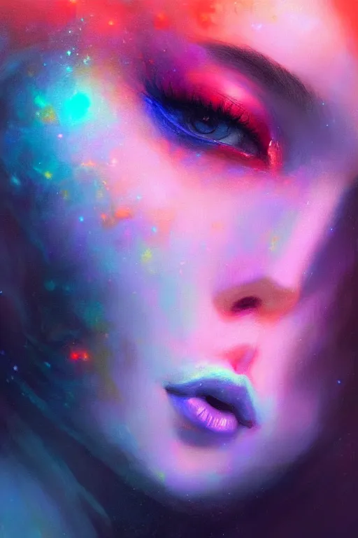 Image similar to the colorful universe can be seen thorough the eye of a beautiful woman, extremely detailed digital painting, in the style of fenghua zhong and ruan jia and jeremy lipking and peter mohrbacher, mystical colors, rim light, beautiful lighting, 8 k, stunning scene, raytracing, octane, trending on artstation