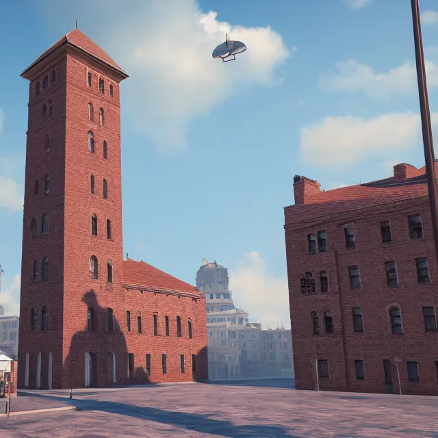 Image similar to georgian style brick clock tower colonial city with tall strange buildings, volumetric, realistic, cinematic lighting, ray tracing, unreal engine 5, octane render, hyper realistic, photo, 8 k