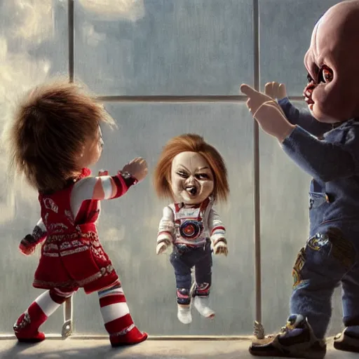 Prompt: the doll chucky cage fighting the doll annabelle in an epic mma fight, disneyland as backdrop, oil painting, by greg rutkowski