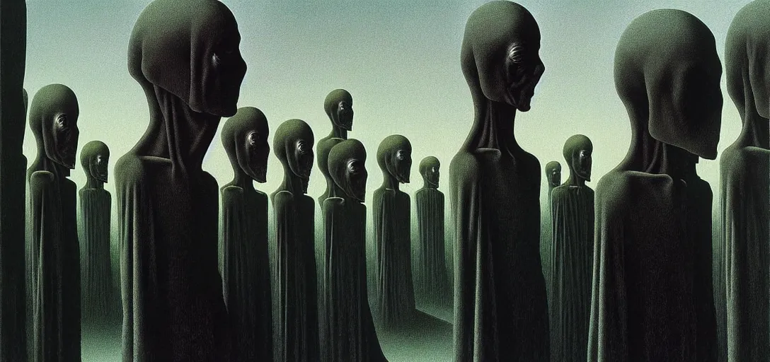 Prompt: dystopian surreal painting of a single eerie head statue surrounded by uneven buildings and alien monks in robes, artstyle by zdzisław beksinski and caravaggio