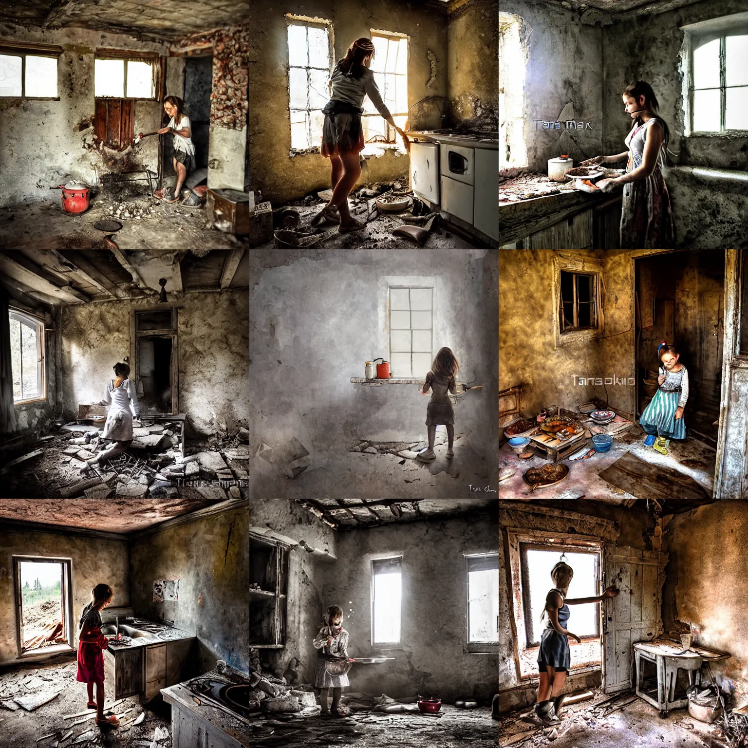 Prompt: girl cooking in a crumbling house by taras susak