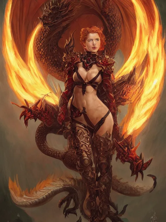 Prompt: full body portrait of dragon master lady, pretty face, taned skin, red eyes, wild ginger hair, draconic looking covering armor, symmetric wings, firebreathing, high fantasy, dnd, highly detailed, smooth, sharp focus, illustration, by artgerm, greg rutkowski, alphonse mucha