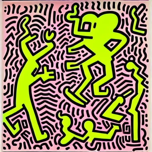 Prompt: garden of early delights painted by keith haring