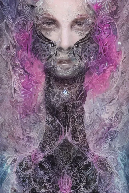Image similar to highly detailed, digital painting of a beautiful arcane witch in a dark intricate ornate fractal-lace and gemstones facial mask, wearing a stunning silky bio-luminiscent neon-noir cyberpunk dress, pastel colors palette, full view, soft lighting, vivid, Hyperdetailed, 4k hd matte painting, 8k resolution, enchanting and otherworldly, detailed, front view, Gsociety, trending on ArtstationHQ, dreamscape maximized.
