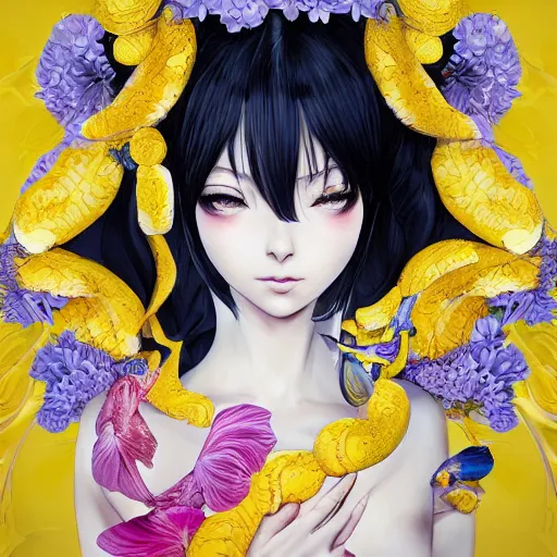 Image similar to the portrait of an absurdly beautiful, graceful, and elegant anime woman made of bananas and petals, an ultrafine detailed illustration by kim jung gi, irakli nadar, rossdraws, intricate linework, bright colors, final fantasy, behance contest winner, angular, unreal engine 5 highly rendered, global illumination, radiant light, detailed and intricate environment