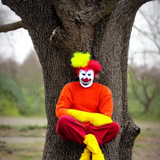 Image similar to clown sitting on a tree