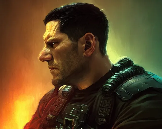 Prompt: a gaming screenshot still portrait of the punisher in the matrix, deep focus, d & d, fantasy, intricate, elegant, highly detailed, digital painting, artstation, concept art, matte, sharp focus, illustration, dark fantasy style art, hearthstone, art by artgerm and greg rutkowski and alphonse mucha