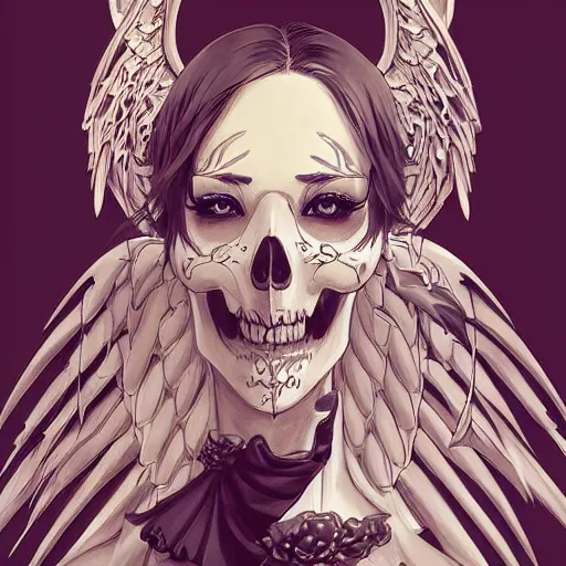 Image similar to anime manga skull portrait young woman with wings, angel halo, skeleton, intricate, elegant, highly detailed, digital art, ffffound, art by JC Leyendecker and sachin teng