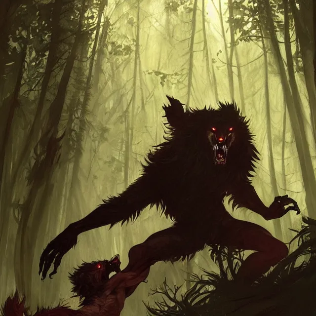 Image similar to a male werewolf with long claws fighting a young fit male vampire in a dark forest at night, by greg rutkowski and alphonse mucha, gradient brown to red, highly detailed, digital painting, artstation, concept art, smooth, sharp focus illustration