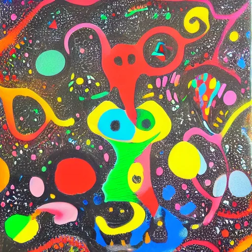 Image similar to 3D masterpiece, black background, psychedelic therapy, artwork by joan miro, trending on ArtStation, 3D ink splatters, 3D pen lines, incredible detail, creative, positive energy, happy, unique, negative space, face, artgerm
