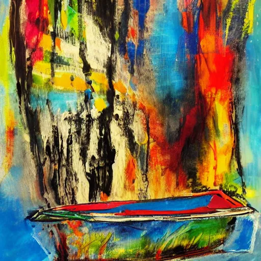 Prompt: a painting of a boat floating on a body of water, an abstract painting by ted degrazia, reddit contest winner, lyrical abstraction, mixed media, acrylic art, oil on canvas