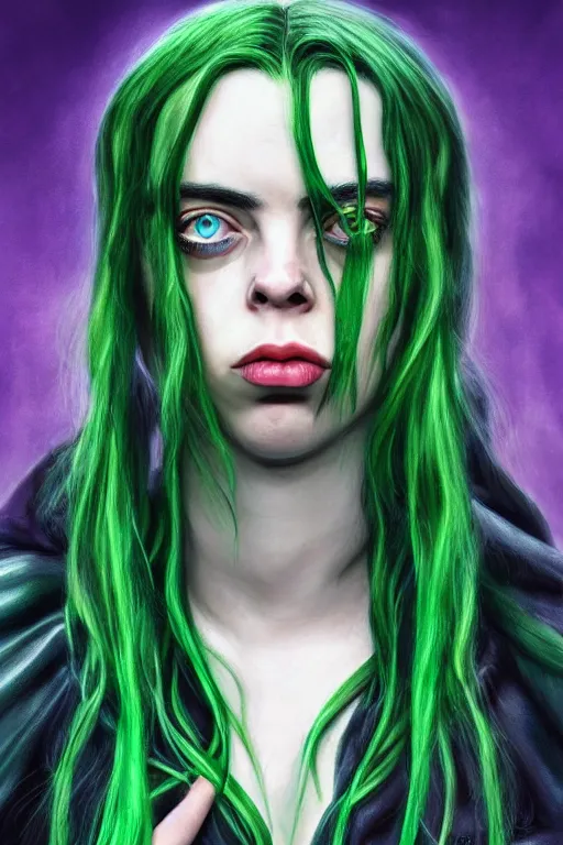 Image similar to Billie Eilish as female loki by Ian Srigger, hyper detail, hyper realistic