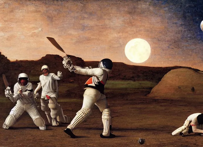 Image similar to a cricket match on the moon by edgar maxence and caravaggio and michael whelan and delacroix style, artistic, intricate painting, cinematic lighting, hyper realistic, extremely detailed, establishing shot, 8 k resolution, dramatic lighting