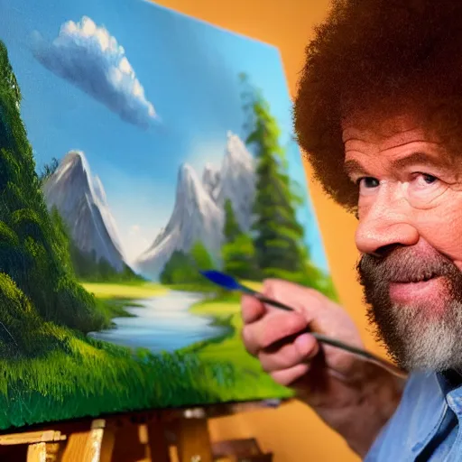 Image similar to a closeup photorealistic photograph of bob ross working on a canvas painting cookie monster. film still. brightly lit scene. mountains and trees. this 4 k hd image is trending on artstation, featured on behance, well - rendered, extra crisp, features intricate detail, epic composition and the style of unreal engine.