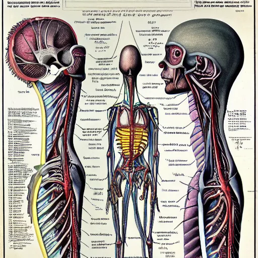 Prompt: an alien species, anatomical diagram, labeled body parts, from all tommorrows, by c. m. kosemen