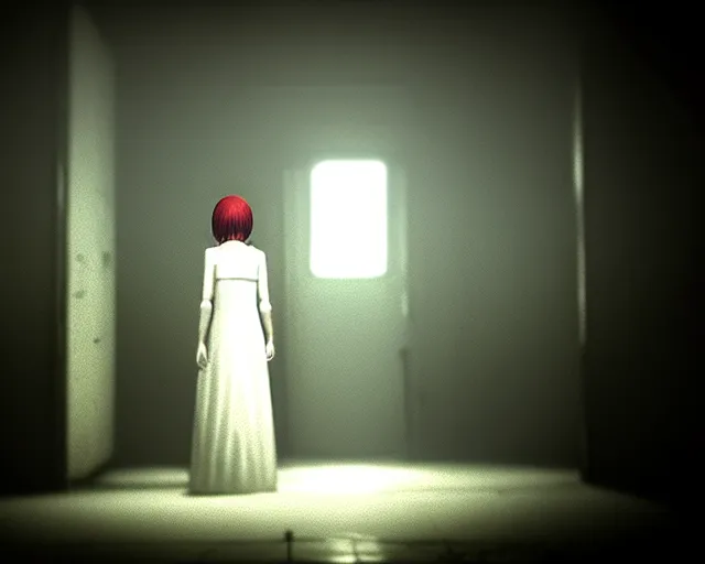 Image similar to creepy woman wearing white dress standing in the backrooms, playable trailer, psychological horror, the eerie forlorn atmosphere of a place that's usually bustling with people but is now abandoned and quiet, buzzing fluorescent lights above the ceiling, unsettling images, liminal space, dark