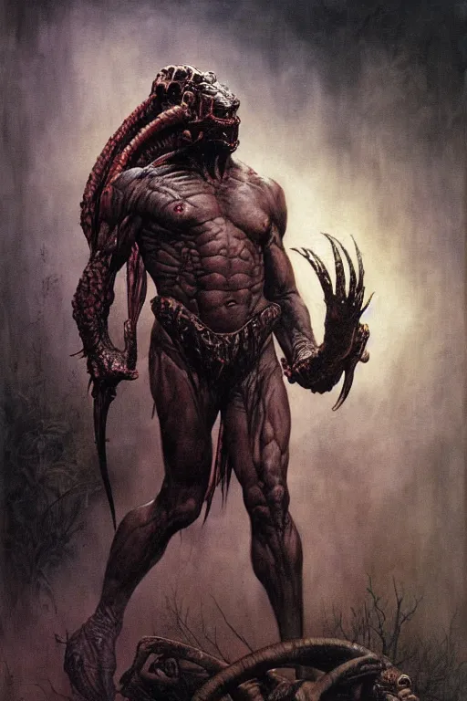 Image similar to the predator in the style of wayne barlowe, gustav moreau, goward, bussiere, roberto ferri, santiago caruso, luis ricardo falero, frazetta