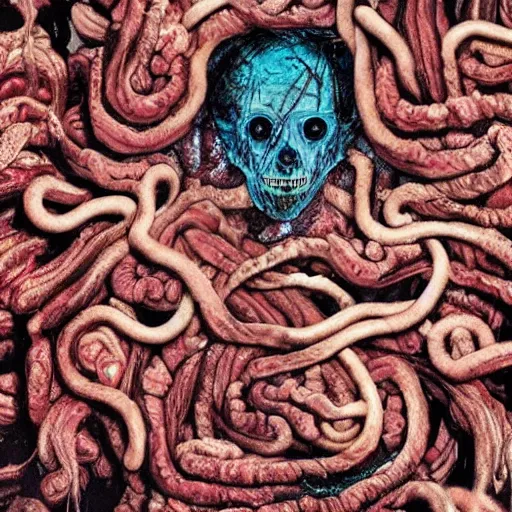 Prompt: the essence of cosmic horror manifesting itself as a complex structure of gory intestines, looking at you menacingly, photo, high quality, in color