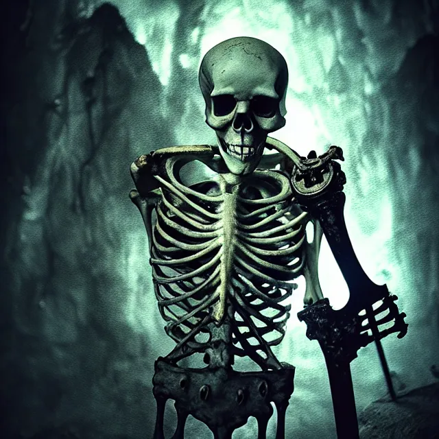 Prompt: photo of a skeletal waterlogged ghostly pirate head and torso, holding a sword and standing in a grotto, photorealistic, dark, lovecraft, paul carrick, atmospheric lighting, painted, intricate, ultra detailed, well composed, best on artstation, cgsociety, epic, stunning, gorgeous, intricate detail, wow, masterpiece