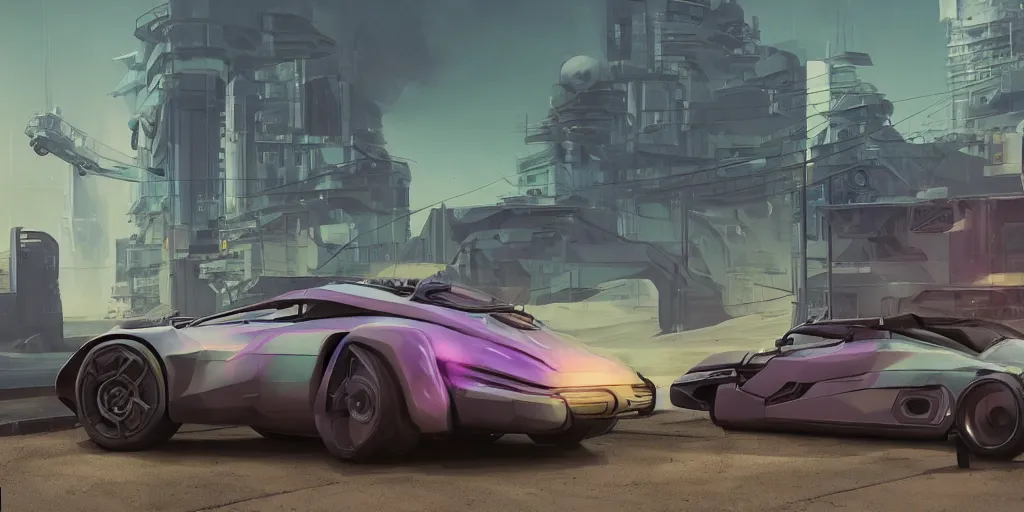 Image similar to Hard Surface Shape Form Exploration, Detailed, 8k, sci-fi, pastel colors, props, panel, concept, simon stalenhag ,syd mead, vehicle, speeder, parts,modular, insane detail, ash thorp, kyza, car, msucle cars , cyberpunk, collection