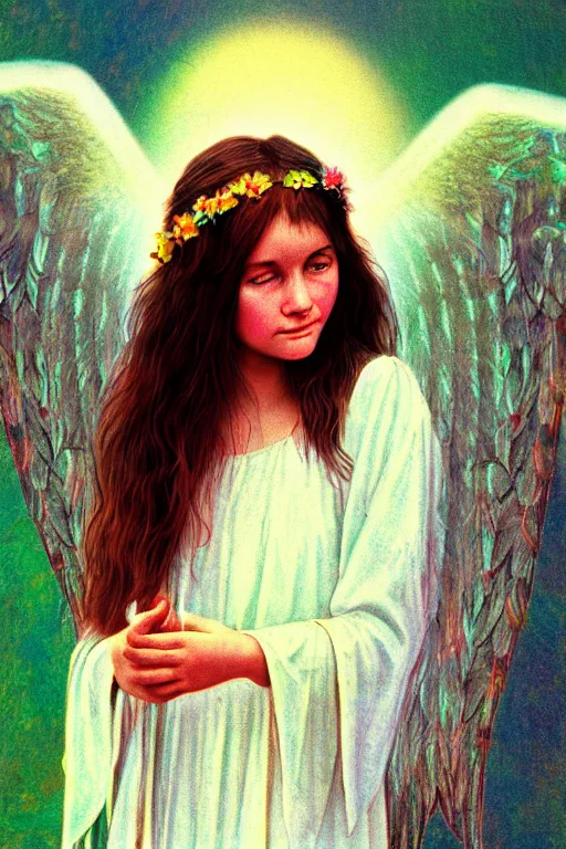 Prompt: old realistic photo of an hippie girl as an angel, photograph, color picture, late 1 9 6 0's, highly detailed, matte, sharp focus, smooth, sharp focus, illustration