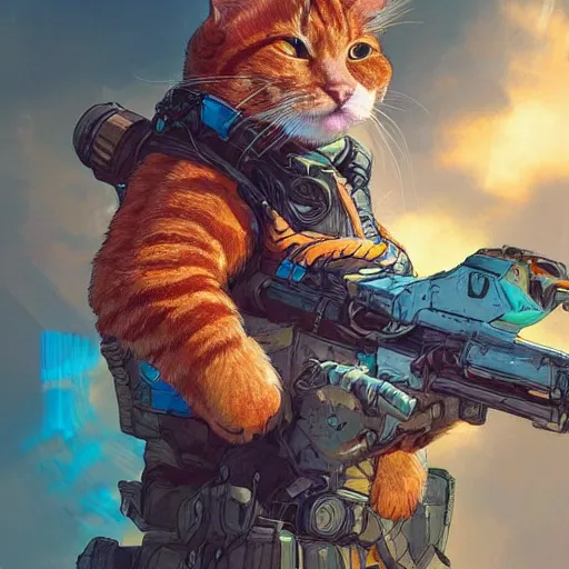 Image similar to ginger cat as apex legends character, digital illustration portrait design, by android jones and greg rutkowski, retrowave color scheme, detailed, cinematic lighting, wide angle action dynamic portrait