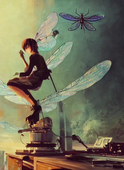 Prompt: surreal gouache painting, by yoshitaka amano, by ruan jia, by Conrad roset, by good smile company, detailed anime 3d render of a magical Dragonfly flying on a DJ Mixer, deck, mpc, portrait, cgsociety, artstation, rococo mechanical and electronic, dieselpunk atmosphere