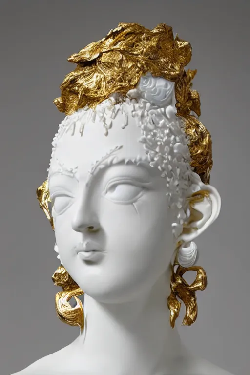 Prompt: full head and shoulders, beautiful modern female, white colourful porcelain sculpture, smooth, shiny, hindu god, with lots of ornate gold leaf, attached to head by daniel arsham and james jean, on a white background, delicate facial features