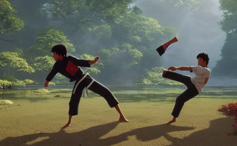 Image similar to a film still of Karate KID 1983, medium shot, waist up, studio Ghibli, Pixar and Disney animation, sharp, Rendered in Unreal Engine 5, anime key art by Greg Rutkowski, Bloom, dramatic lighting