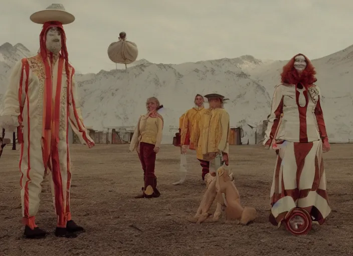 Image similar to still from a feature film by matthew barney, alejandro jodorowsky and wes anderson : : retro futurism, pagan occultism, sideshow circus : : anamorphic lens, kodakchrome : : 8 k