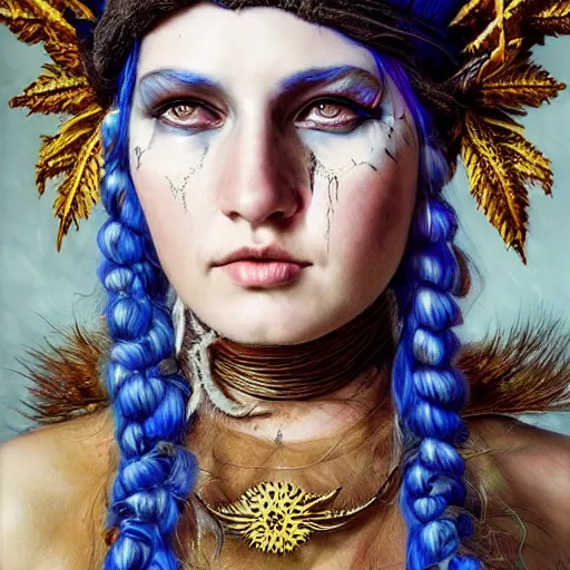 Image similar to A young female shaman, blue hair and antlers on her head. blindfolded, heilung, in the style of Heather Theurer, headshot photoshoot, insanely detailed and intricate, beautiful, elegant, cinematic toplight, portrait, headroom, artstation, made by karol bak, karol bak, karol bak