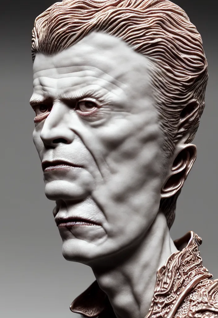 Image similar to David Bowie , A Close up photo-real delicate ceramic porcelain sculpture of a symmetrical ornate detailed in front of an intricate background by Victo Ngai and takato yamamoto, micro detail, backlit lighting, face in focus, subsurface scattering, translucent, thin porcelain, octane renderer, colorful, physically based rendering, japanese pottery, trending on cgsociety